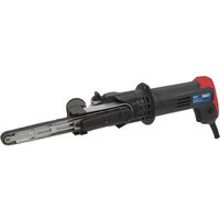 Black and red Sealey SBS260 belt sander with variable speed, extended sanding arm, and ergonomic grip.