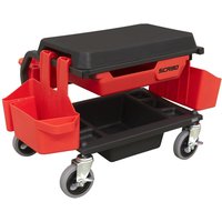 Red and black Sealey utility tool caddy seat with storage trays and caster wheels.