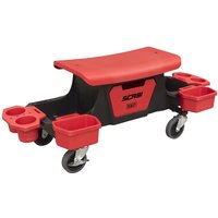 Red and black Sealey mechanics tool caddy seat with storage trays and caster wheels.
