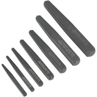 Sealey Screw Extractor Square Type Set, six black steel extractors in varying sizes, tapered ends for removing screws.