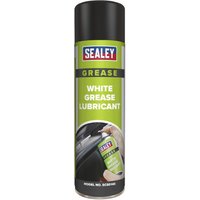 Sealey SCS014S white grease lubricant spray can with black cap and green label featuring product details.