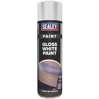 White Sealey gloss paint spray can, 500ml, with black label and red-blue Sealey logo on silver cap.