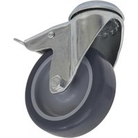 Swivel castor wheel with bolt hole, grey rubber tire, silver metal frame, and total lock mechanism, 75mm diameter.