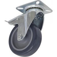 Swivel plate castor wheel by Sealey, 75mm diameter, silver metal frame, grey rubber wheel, total lock mechanism.