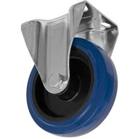 Heavy-duty blue elastic rubber castor wheel with silver metal bracket, fixed design, 125mm diameter.