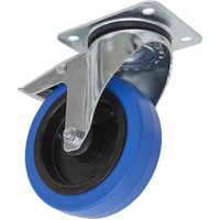 Swivel castor wheel with blue rubber tire, silver metal plate, and total lock mechanism, 125mm diameter.