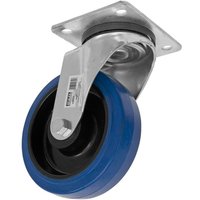 Heavy-duty blue elastic rubber swivel castor wheel with metal mounting plate and 160mm diameter.