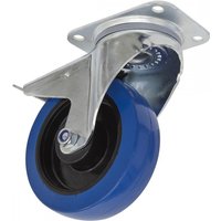 Swivel plate castor wheel by Sealey, silver metal frame, blue rubber wheel, total lock mechanism, 160mm diameter.
