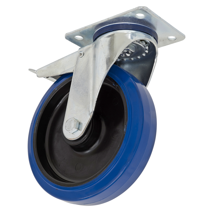 Heavy-duty blue elastic rubber castor wheel with a black center, mounted on a silver metal bracket, featuring a swivel design for easy maneuverability.