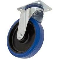 Heavy-duty blue elastic rubber swivel castor wheel with metal bracket and black center, Ø200mm by Sealey.