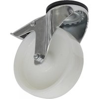 Swivel castor wheel with bolt hole, 125mm diameter, white wheel, silver metal bracket, and total lock mechanism.