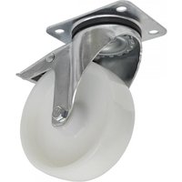 Swivel plate castor wheel by Sealey, silver metal frame, white 125mm wheel, total lock mechanism.