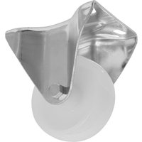 Heavy-duty nylon castor wheel with fixed metal plate, 80mm diameter, smooth white wheel, and shiny silver bracket.
