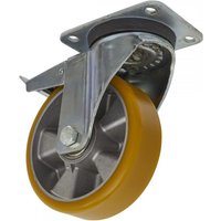 Swivel plate castor wheel by Sealey, silver metal frame, orange rubber wheel, total lock mechanism, 160mm diameter.