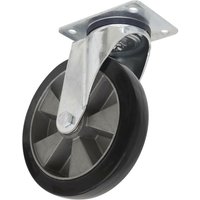 Heavy-duty rubber castor wheel with swivel plate, 200mm diameter, silver metal bracket, black rubber tire.