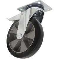 Heavy-duty rubber castor wheel with swivel and total lock, 200mm diameter, metal bracket, and black tire.