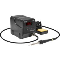 Black Sealey SD006 soldering station with digital display, soldering iron, and sponge holder.