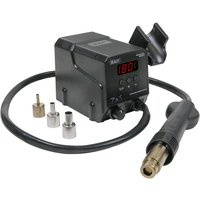 Black Sealey SD007 hot air rework station with digital display, adjustable knobs, and three nozzle attachments.