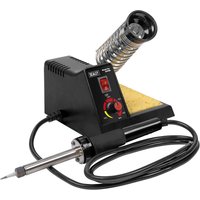 Black Sealey SD008 soldering station with red dial, sponge holder, and coiled metal stand for soldering iron.