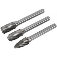 Sealey SDBCK3 set with three silver tungsten carbide rotary burrs featuring coarse, ripper-style fluted heads.