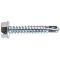 Hex head zinc self-drilling screw, 4.2 x 25mm, silver, sharp tip, threaded body, pack of 100 by Sealey.