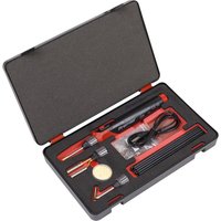 Sealey SDL14 plastic welding kit in black case with red interior, includes welding tool, rods, and accessories.