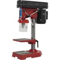 Red and black Sealey SDM30 5 Speed Hobby Pillar Drill with adjustable table and clear safety guard.