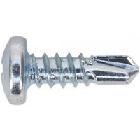 Sealey self-drilling screw, 4.2x13mm, zinc-plated, pan head, Phillips drive, pack of 100, shiny silver finish.