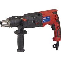 Red and black Sealey rotary hammer drill with double chuck and side handle.