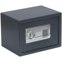 Black Sealey electronic safe with silver keypad and handle, rectangular shape, compact design.