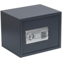 Black Sealey electronic security safe with digital keypad and silver handle, compact cube design.