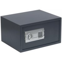 Black Sealey electronic security safe with silver keypad and handle, rectangular shape, 450x365x250mm.