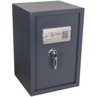 Gray Sealey electronic safe with keypad, key lock, and rectangular shape, measuring 380 x 360 x 575mm.