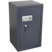 Dark gray Sealey electronic security safe with keypad and handle, rectangular shape, standing upright.