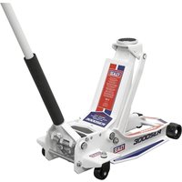 White Sealey low profile trolley jack with black handle, red and blue accents, and four wheels.
