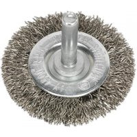 Sealey SFBS50 flat wire brush, stainless steel, 50mm diameter, with 6mm shaft, circular bristle arrangement.