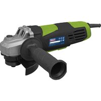 Black and green Sealey angle grinder with paddle switch, 115mm disc, ergonomic handle, and ventilation slots.