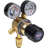 Sealey SGA30 Oxygen Regulator, brass body, dual pressure gauges, black adjustment knob with Sealey logo.