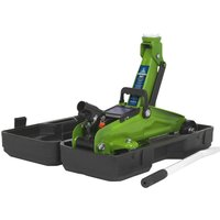 Green Sealey short chassis trolley jack with black case, featuring a handle and hydraulic lift mechanism.