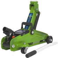 Green Sealey short chassis trolley jack with high visibility design, black handle, and sturdy wheels.