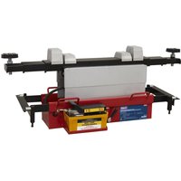 Red and black Sealey SJBEX200A air jacking beam with adjustable arms and rubber pads.