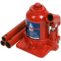 Red Sealey SJT2 Bottle Jack 2 Tonne Telescopic with blue label, round base, and detachable handle.