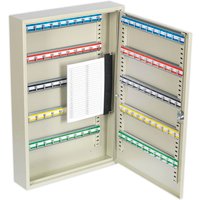 Beige Sealey key cabinet with 100 key capacity, colorful numbered key tags, and a central index chart.