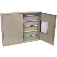 Beige Sealey key cabinet with 100 key capacity, wide design, open door showing colored key tags and a key log sheet.