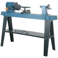 Blue Sealey wood lathe with black stand, featuring adjustable tool rest and spindle, sturdy metal construction.