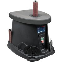 Black Sealey oscillating spindle sander with red sanding sleeve, control panel, and storage for sanding discs.