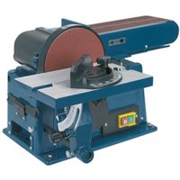 Blue Sealey SM14 bench belt and wheel sander with red sanding disc and adjustable work table.