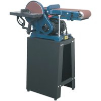 Sealey SM15 blue floor standing belt and disc sander with black base and adjustable sanding table.