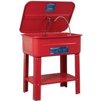 Red Sealey SM19 parts cleaning tank with hinged lid, flexible nozzle, and lower shelf.