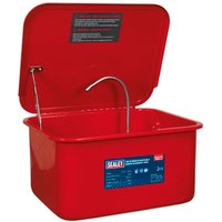 Red Sealey SM21 portable parts cleaning tank with lid open, flexible spout, and Sealey branding on the front.